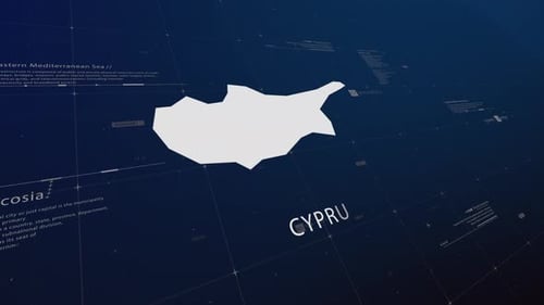 Cyprus country map comes to life with cinematic panning, unveiling key details, the capital,