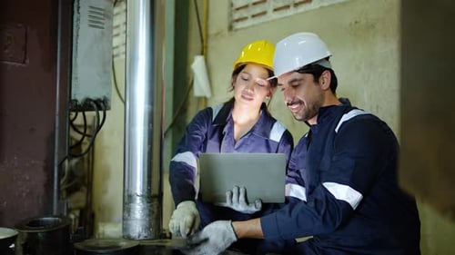 Factory Workers Discussing Data on Laptop at Industrial Site