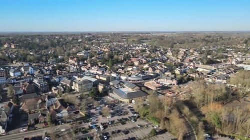 Waitrose supermarket Bishop Stortford Town in background Hertfordshire UK Aerial