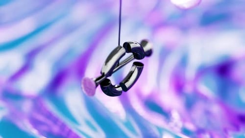 3D Rendering Loop of Hanging Objects Swinging Through Ring Over Purple Background