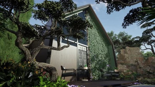 Intimate Deck Seating Area of a Modern Tropical Cabin with Green Wall