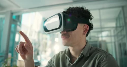 Business, virtual glasses and man with click, augmented reality and metaverse with real estate