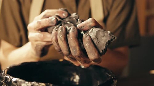Woman Potter Works with Clay on Master Class in Studio Working Process in Ceramic Workshop Potter