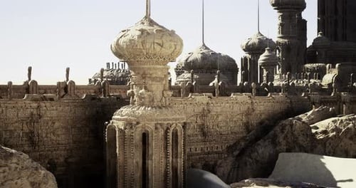 Intricate Ancient Architecture in a Desert Landscape with Towering Structures