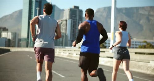 Fitness, exercise and group with running on bridge for marathon training
