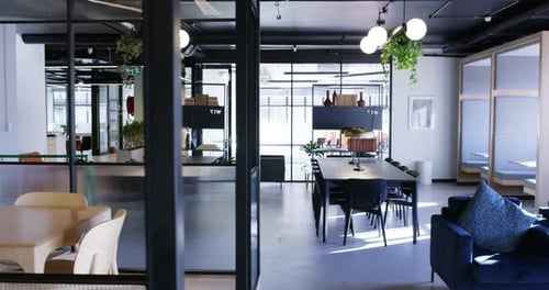 Empty, modern office and furniture in workplace or building for meeting, career and workspace