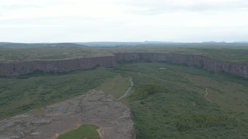 Aerial view of famous Asbyrgi valley in rugged terrain wilderness of Iceland