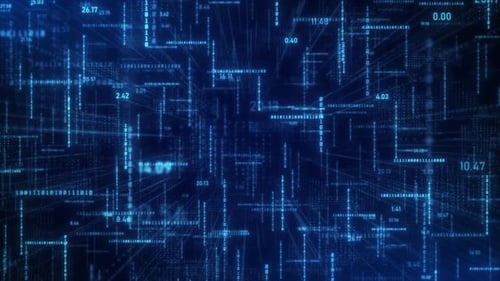 Futuristic Digital Network with Flowing Binary Data and Numbers