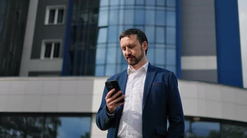 Pensive Smiling Fashion Business Man Chatting Smartphone Outdoor Downtown City Office Sky Panorama
