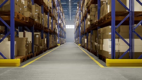 Automated Warehouse Flythrough with Stacked Cardboard Boxes 3D Animation