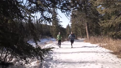 Couple enjoying winter run through snowy forest in Canada slow motion