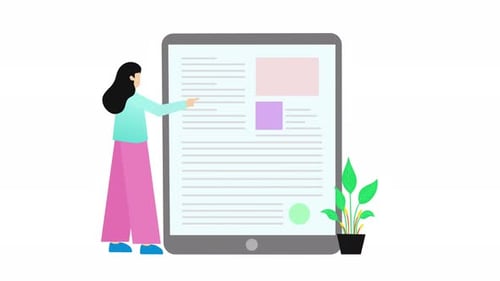 Flat Design Animation of Woman Interacting with Tablet Content