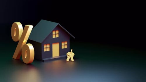 House, keys and percent sign animation. 3d render, dark background, copy space. Real estate concept