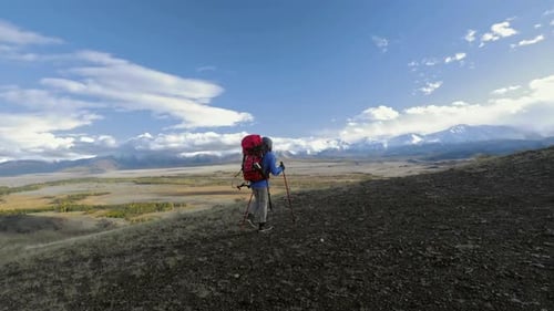Portrait of Man Hiker Doing Hiking Outdoors Mountain Background Caucasian Male Walks with Sticks and
