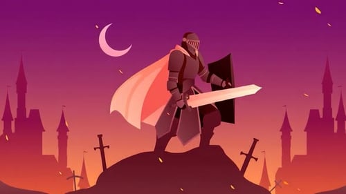 Medieval Knight Standing With Sword & Shield in Battlefield, Castle, Epic Fantasy, Cinematic Scene
