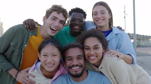 College Student Friends Smiling at Camera Posing for a Group Portrait at Campus