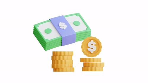 3d animation Stacks of coins with a dollar sign. Alpha Channel.