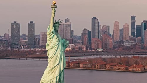 Liberty Statue Above New York City New York City Cityscape Panoramic Skyline with New York City