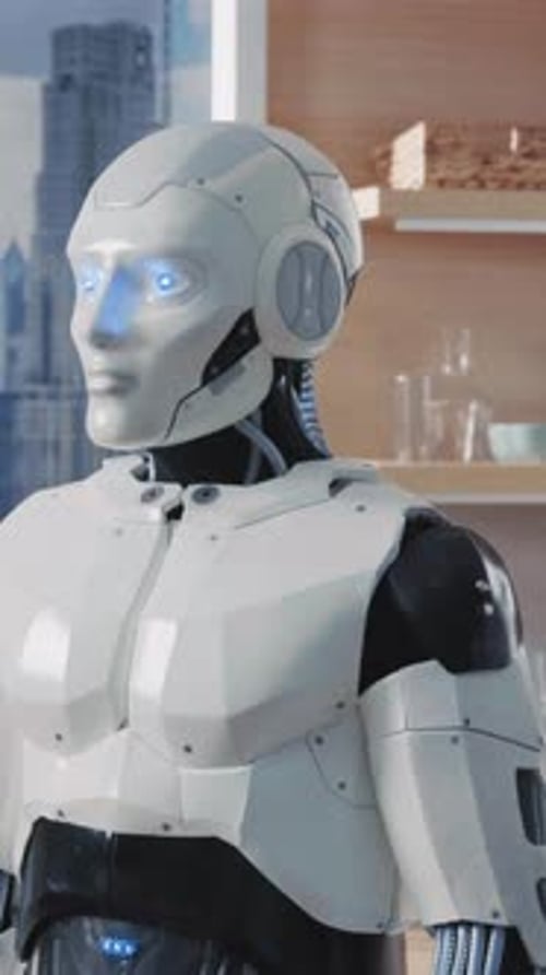 Portrait of White Robot Like Human Standing in Kitchen Looking at Camera on Background of Window