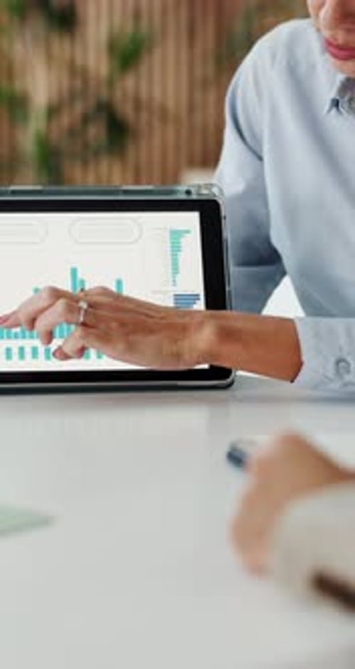 Hands, discussion and investor in office, tablet screen for revenue graphs and investment deal
