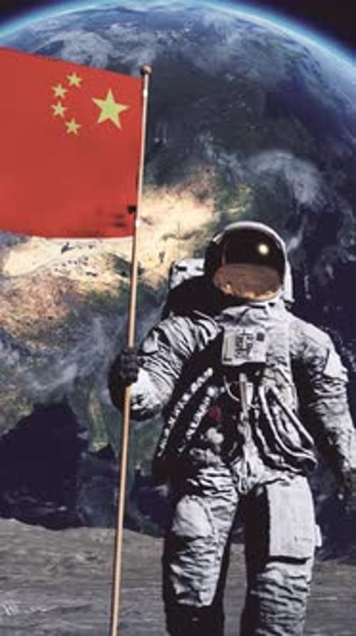 Lunar Astronaut Walks on the Moon with Chinese Flag