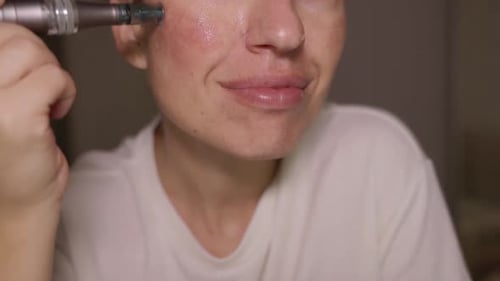 Woman using dermapen on face, cheeks, forehead and around the mouth.