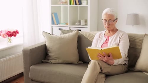 Age, Leisure And People Concept - Senior Woman In Glasses Reading Book At Home