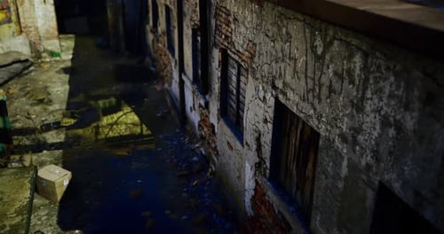 Dark Grunge Alley with Crumbling Buildings at Night