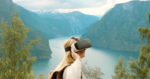 Woman Experiencing Virtual Reality in Nature