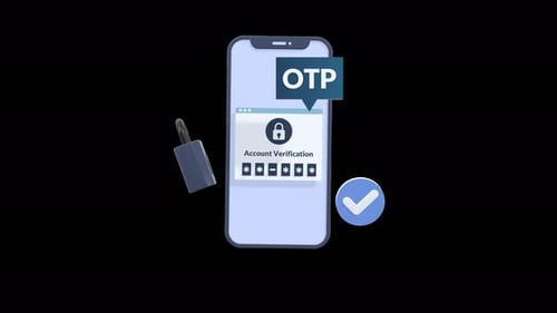 Animation en boucle pour smartphone avec OTP, cadenas et coche sur fond transparent.