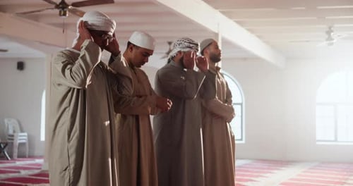 Man, islam and praying with salah at mosque in jamaah for holy gathering