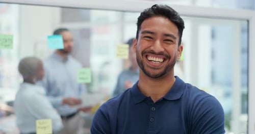 Asian businessman, face and happy success motivation, positive mindset and employee pride standing