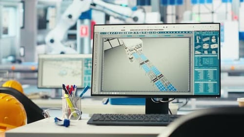 PC in Photovoltaics Factory Used to Oversee Performance of Robot Arms Closeup