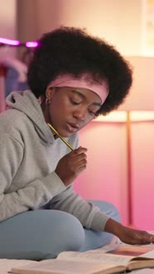 Night, laptop and typing with black woman in bedroom for research assignment