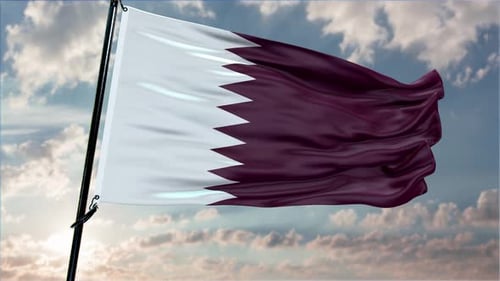 Realistic Qatar Flag Waving on Cloudy Sky Background