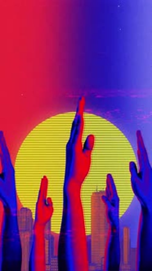 Retro Glitch Hands Reaching Up Loop Background