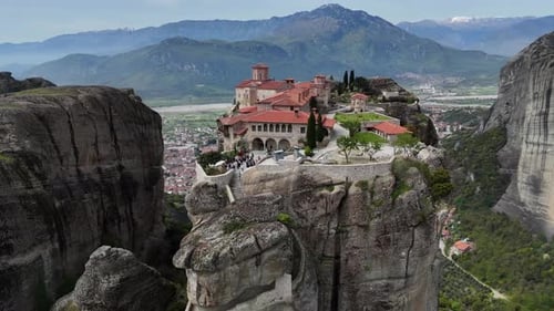 Flight over Meteora, monasteries and rock formation in Trikala, Thessaly. Greece