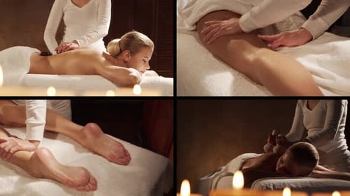Young Healthy and Beautiful Woman Gets Massage Therapy in the Spa Salon Collage Healthy Lifestyle