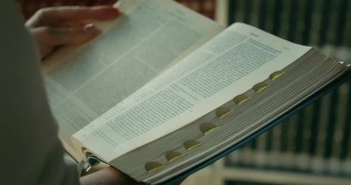 Frau, Autodidaktin, liest ein Buch in der Bibliothek, Weibliche Hände halten Papier offen, Buch lernen, studieren