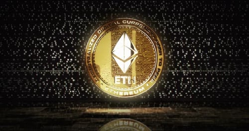 Goldene Münzschleife der Ethereum ETH-Kryptowährung auf dem digitalen Bildschirm