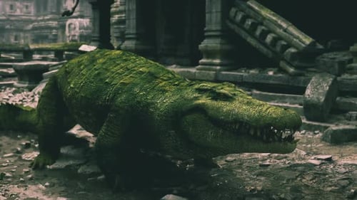 Crocodile dans une ancienne ruine désolée dans des conditions de faible luminosité