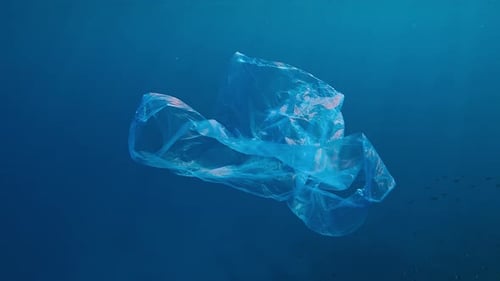 La bolsa de plástico desechable flota en las profundidades del agua azul que brilla bajo los brillantes rayos del sol
