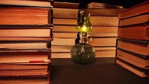 Gas Lamp Near Stack of Old Books Slider Footage in Antique Shop Bookstore