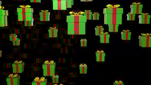 Falling gift boxes isolated on black background 3d render. Green gift boxes tied with a red ribbon