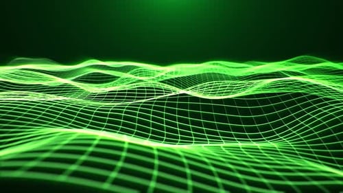 Abstract waves field with glowing green grid made of bright lines with soft light on dark background