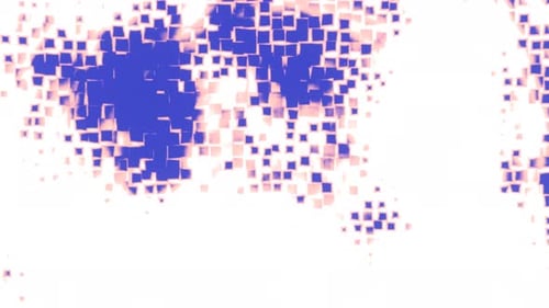 Animation abstraite en pixels avec des carrés violets et pêche se désintégrant sur blanc