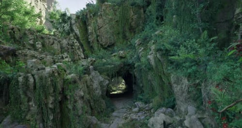 Exploring a Lush Rocky Tunnel Under Vibrant Greenery in a Serene Location