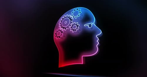 Glowing Neon Human Head with Spinning Gears Animation