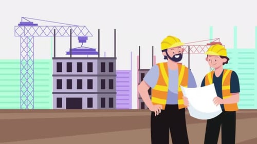 Animated Construction Site with Engineers Discussing Blueprint