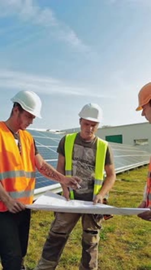 Technicians mounting solar panels. Workers installing alternative energy photovoltaic solar panels